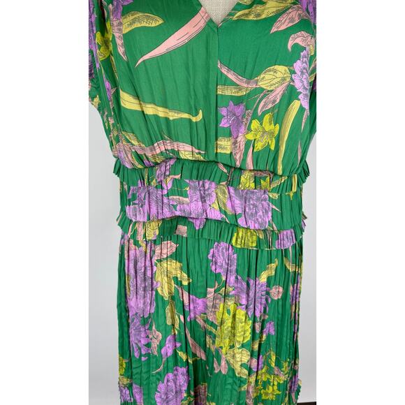 Current Air Sereia Botanical Motif Midi Dress Womens Large Green Purple New - Picture 6 of 10